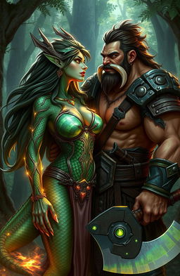 A fierce dragonborn female sorcerer with shimmering scales, exuding a powerful aura, stands beside a rugged half-orc barbarian