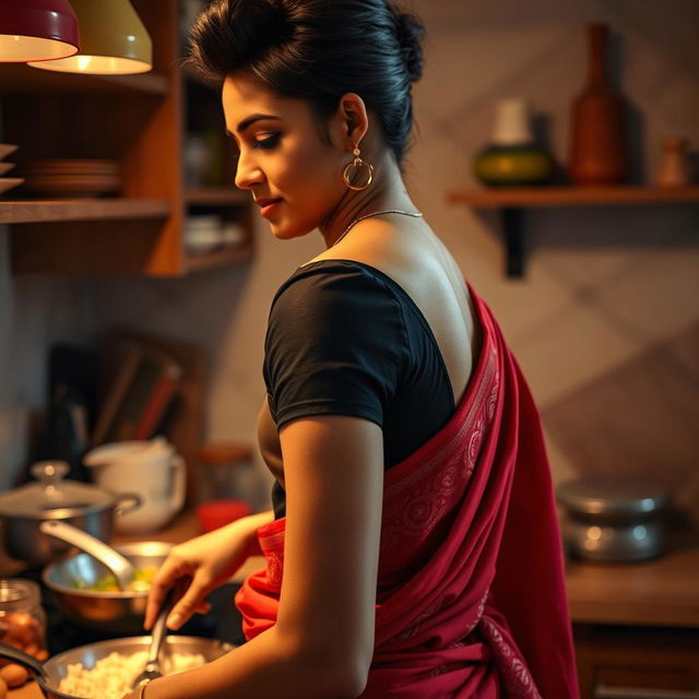 A top close-up view of a stunning brunette Indian maid from the side, accentuating her bare chest as she wears a stylish black blouse that opens at the neckline, complemented by a flowing red saree