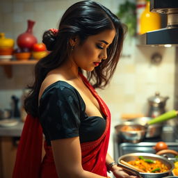 A top close-up view of a stunning brunette Indian maid from the side, accentuating her bare chest as she wears a stylish black blouse that opens at the neckline, complemented by a flowing red saree