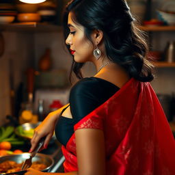 A top close-up view of a stunning brunette Indian maid from the side, accentuating her bare chest as she wears a stylish black blouse that opens at the neckline, complemented by a flowing red saree