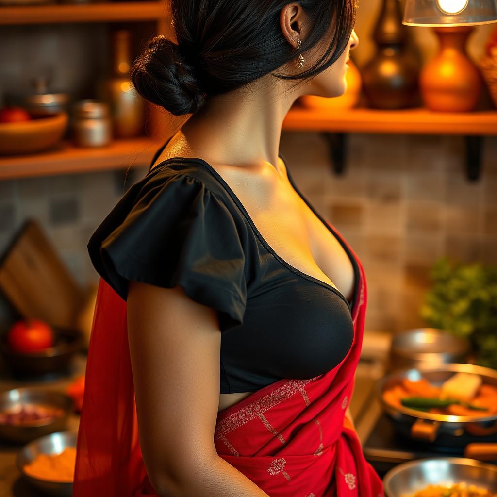 A top close-up view of a stunning brunette Indian maid from the side, accentuating her bare chest as she wears a stylish black blouse that opens at the neckline, complemented by a flowing red saree