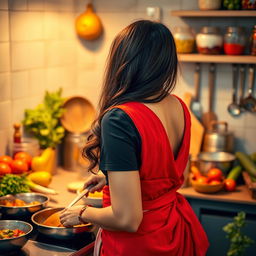 A top close-up view of a stunning brunette Indian maid from the side, emphasizing her figure as she wears a black blouse and a vibrant red saree