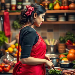 A top close-up view of a stunning brunette Indian maid from the side, emphasizing her figure as she wears a black blouse and a vibrant red saree
