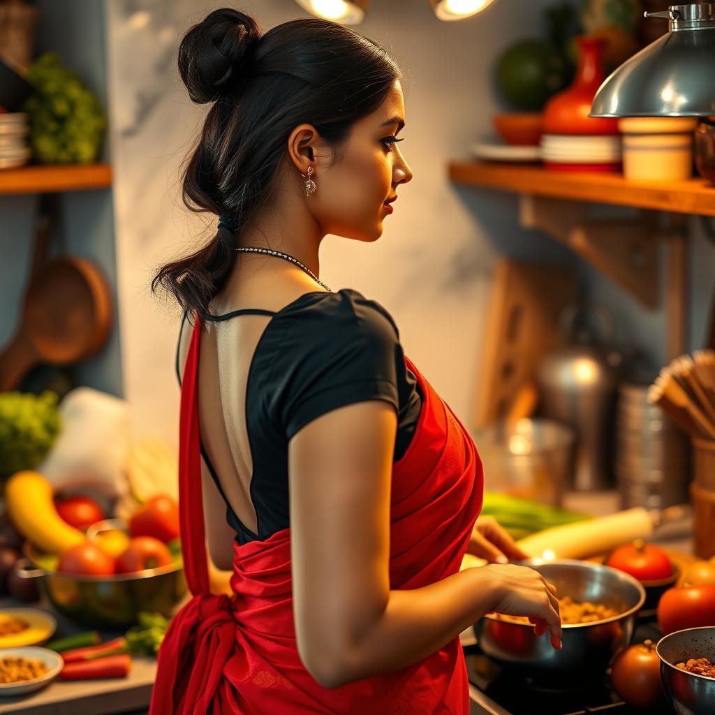 A top close-up view of a stunning brunette Indian maid from the side, emphasizing her figure as she wears a black blouse and a vibrant red saree