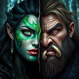 The book cover features only half of the faces of a female dragonborn sorcerer and a half-orc barbarian side by side