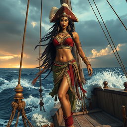 An Indian female pirate dressed in ancient Indian attire, adorned with traditional Indian jewelry and clothing