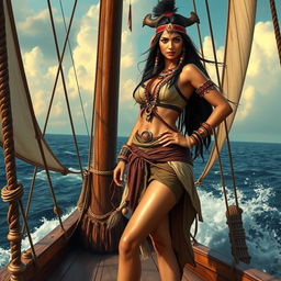 An Indian female pirate dressed in ancient Indian attire, adorned with traditional Indian jewelry and clothing