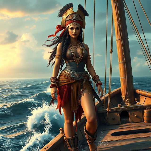 An Indian female pirate dressed in ancient Indian attire, adorned with traditional Indian jewelry and clothing