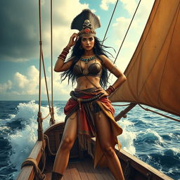 An Indian female pirate dressed in ancient Indian attire, adorned with traditional Indian jewelry and clothing
