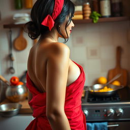 A top close-up view of a beautiful brunette Indian maid from the side, emphasizing her figure as she wears a vibrant red saree draped elegantly, partially revealing her naked breasts