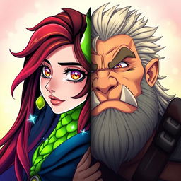 A vibrant anime-style book cover featuring only half of the faces of a female dragonborn sorcerer and a half-orc barbarian side by side