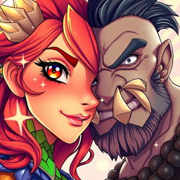 A vibrant anime-style book cover featuring only half of the faces of a female dragonborn sorcerer and a half-orc barbarian side by side