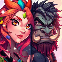 A vibrant anime-style book cover featuring only half of the faces of a female dragonborn sorcerer and a half-orc barbarian side by side