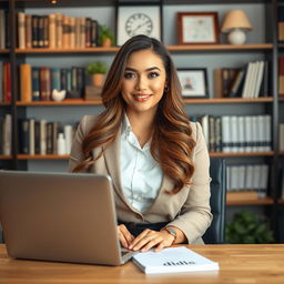 A beautiful and voluptuous woman acting as an online professor, exuding confidence and charm