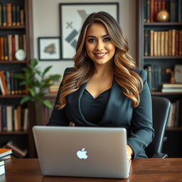 A beautiful and voluptuous woman acting as an online professor, exuding confidence and charm