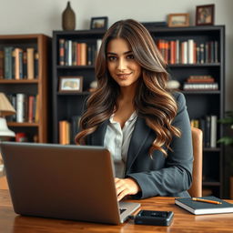 A beautiful and voluptuous woman acting as an online professor, exuding confidence and charm