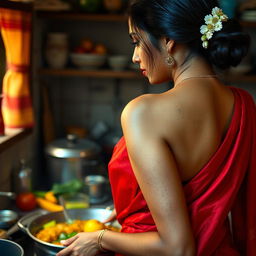 A top close-up view of a beautiful brunette Indian maid from the side, showcasing her bare chest as she wears a richly colored red saree elegantly draped around her