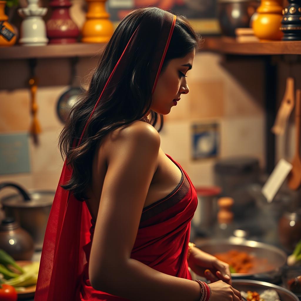 A top close-up view of a beautiful brunette Indian maid from the side, showcasing her bare chest as she wears a richly colored red saree elegantly draped around her