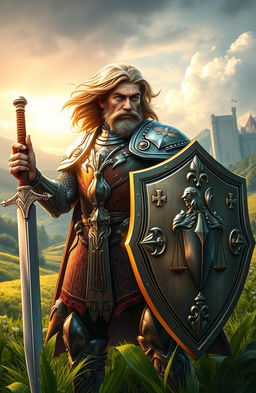 A heroic warrior named Samson Blanc stands in a lush, green landscape, embodying the spirit of justice