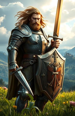 A heroic warrior named Samson Blanc stands in a lush, green landscape, embodying the spirit of justice