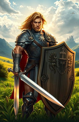 A heroic warrior named Samson Blanc stands in a lush, green landscape, embodying the spirit of justice