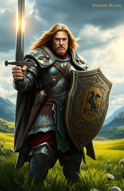 A heroic warrior named Samson Blanc stands in a lush, green landscape, embodying the spirit of justice