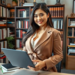 A beautiful and voluptuous woman of mixed Indonesian and South Korean descent, acting as an online professor