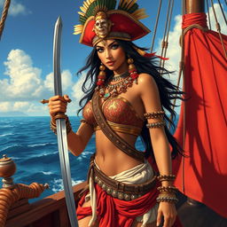 A beautiful and sexy Indian female pirate dressed in ancient Indian attire embellished with traditional ornaments, showcasing her sharp features and tall stature