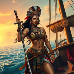 A beautiful and sexy Indian female pirate dressed in ancient Indian attire embellished with traditional ornaments, showcasing her sharp features and tall stature