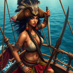 A beautiful and sexy Indian female pirate dressed in ancient Indian attire embellished with traditional ornaments, showcasing her sharp features and tall stature