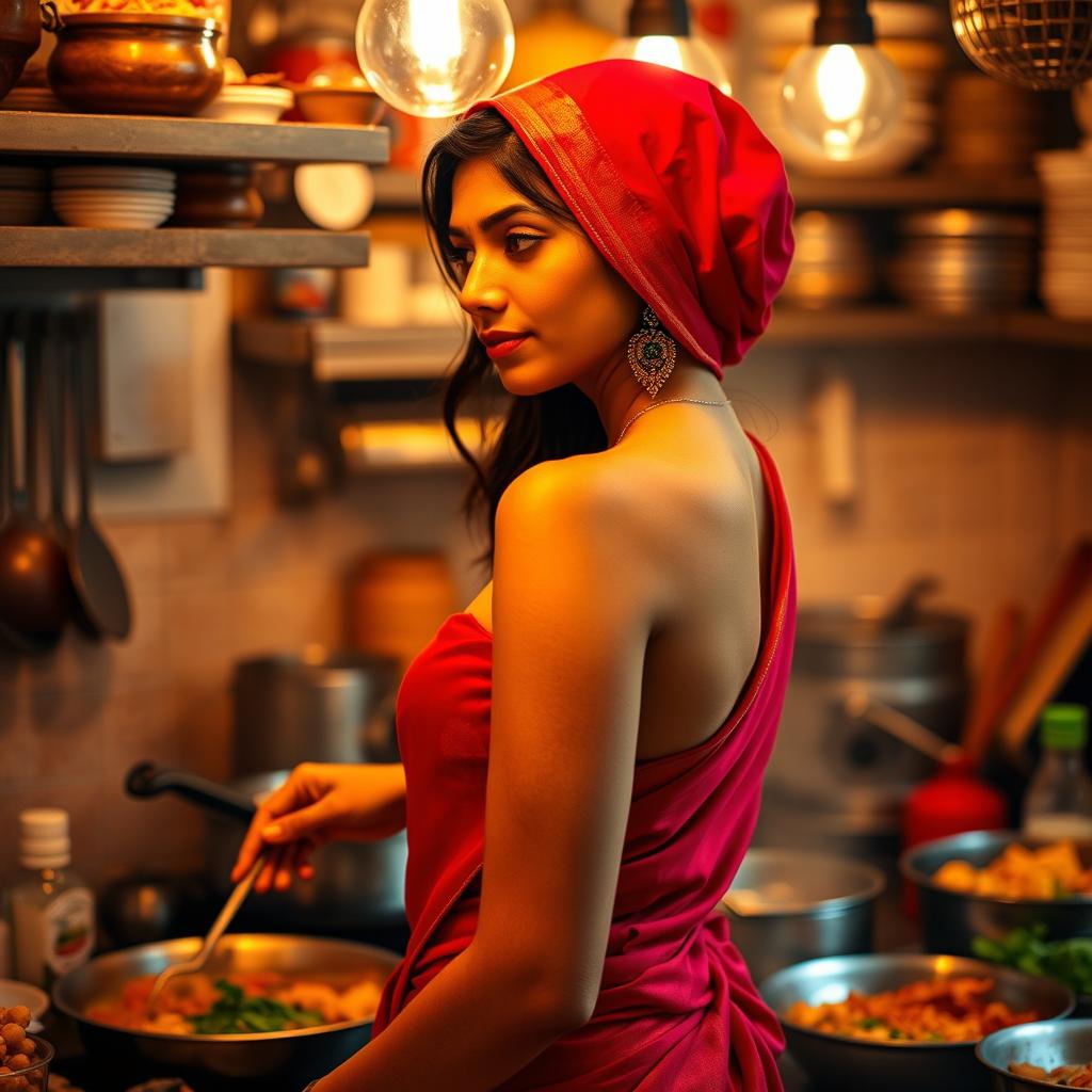 A top close-up view of a beautiful brunette Indian maid from the side, showcasing her bare chest as she wears a striking red saree elegantly draped around her