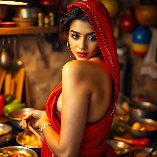 A top close-up view of a beautiful brunette Indian maid from the side, showcasing her bare chest as she wears a striking red saree elegantly draped around her