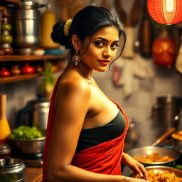 A top close-up view of a beautiful brunette Indian maid from the side, showcasing her bare chest as she wears a striking red saree elegantly draped around her