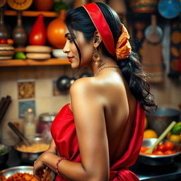 A top close-up view of a beautiful brunette Indian maid from the side, showcasing her bare chest as she wears a striking red saree elegantly draped around her