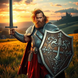 In the medieval era, a valiant warrior named Samson Blanc stands resolutely in a vibrant, grassy field, embodying the essence of justice