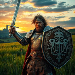 In the medieval era, a valiant warrior named Samson Blanc stands resolutely in a vibrant, grassy field, embodying the essence of justice