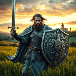 In the medieval era, a valiant warrior named Samson Blanc stands resolutely in a vibrant, grassy field, embodying the essence of justice