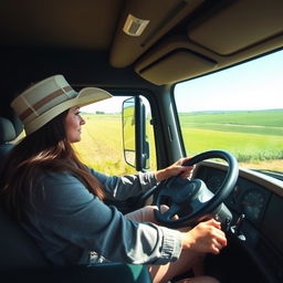 A 35-year-old woman driving a large truck, demonstrating confidence and concentration as she maneuvers through a picturesque countryside