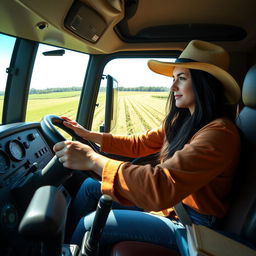 A 35-year-old woman driving a large truck, demonstrating confidence and concentration as she maneuvers through a picturesque countryside