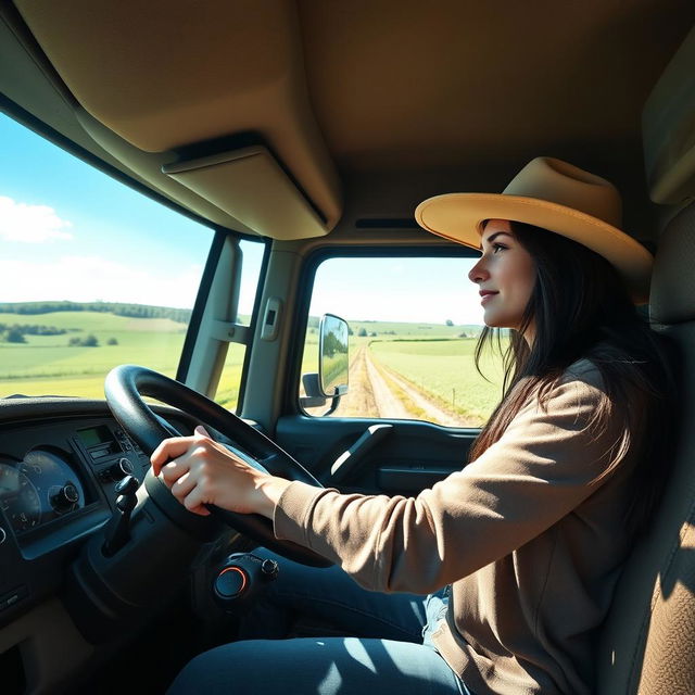 A 35-year-old woman driving a large truck, demonstrating confidence and concentration as she maneuvers through a picturesque countryside