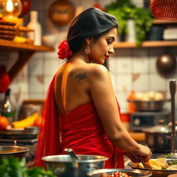 A top close-up view of a beautiful brunette Indian maid from the side, showcasing her bare chest as she wears a stunning red saree that is elegantly draped