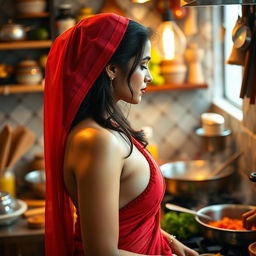 A top close-up view of a beautiful brunette Indian maid from the side, showcasing her bare chest as she wears a stunning red saree that is elegantly draped