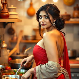 A top close-up view of a beautiful brunette Indian maid from the side, showcasing her bare chest as she wears a stunning red saree that is elegantly draped
