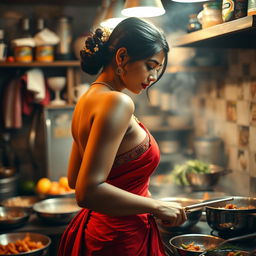 A top close-up view of a stunning brunette Indian maid from the side, showcasing her beautiful bare chest while wearing a vivid red saree elegantly wrapped around her waist