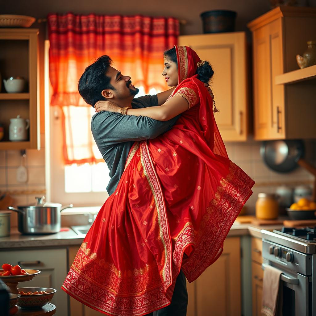 A beautiful and intimate scene in a warmly lit kitchen where a man gently lifts an Indian maid in his arms, pinning her playfully against the kitchen wall