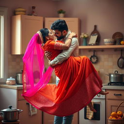 A beautiful and intimate scene in a warmly lit kitchen where a man gently lifts an Indian maid in his arms, pinning her playfully against the kitchen wall