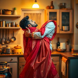 A beautiful and intimate scene in a warmly lit kitchen where a man gently lifts an Indian maid in his arms, pinning her playfully against the kitchen wall