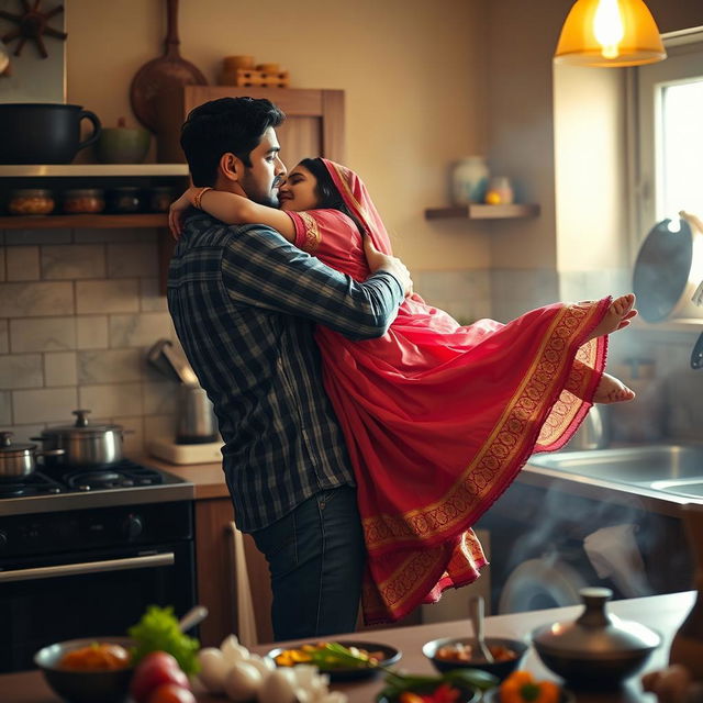 A beautiful and intimate scene in a warmly lit kitchen where a man gently lifts an Indian maid in his arms, pinning her playfully against the kitchen wall