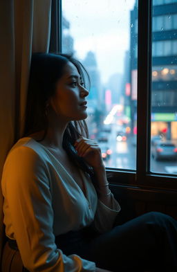 A woman sitting by a window, gazing outside, lost in thought as she reflects on her love story