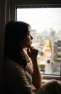 A woman sitting by a window, gazing outside, lost in thought as she reflects on her love story